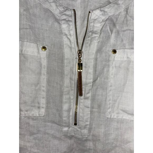 Ellen Tracy Blouse White 100% Linen Pullover Zip Tunic Top - Picture 2 of 7